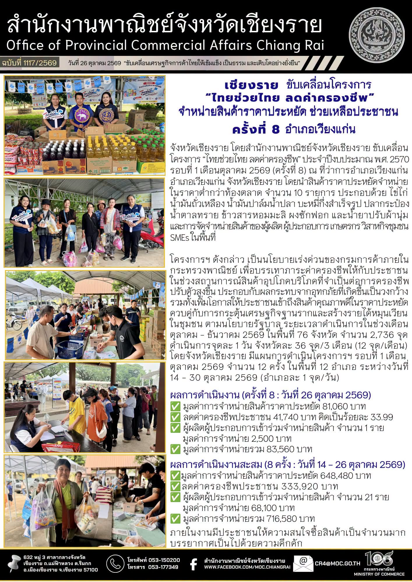 เชียงราย ขับเคลื่อน โครงการ “ไทยช่วยไทย ลดค่าครองชีพ” จำหน่ายสินค้าราคาประหยัด ช่วยเหลือประชาชน ครั้งที่ 8 อำเภอเวียงแก่น